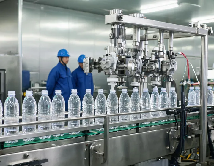 Inline capping station applying closures on filled bottles at a packaging line